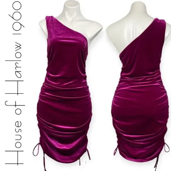 House Of Harlow 1960 Revolve Ruched Velvet One Shoulder Midi Mini Dress Size L - Picture 3 of 16